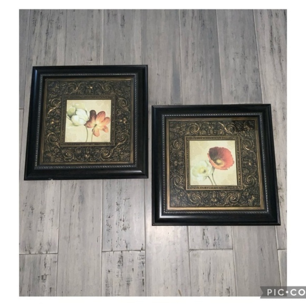 Pair Of Peonies Matted Framed Pictures~Antique Bronze & Brown Frames~Traditional